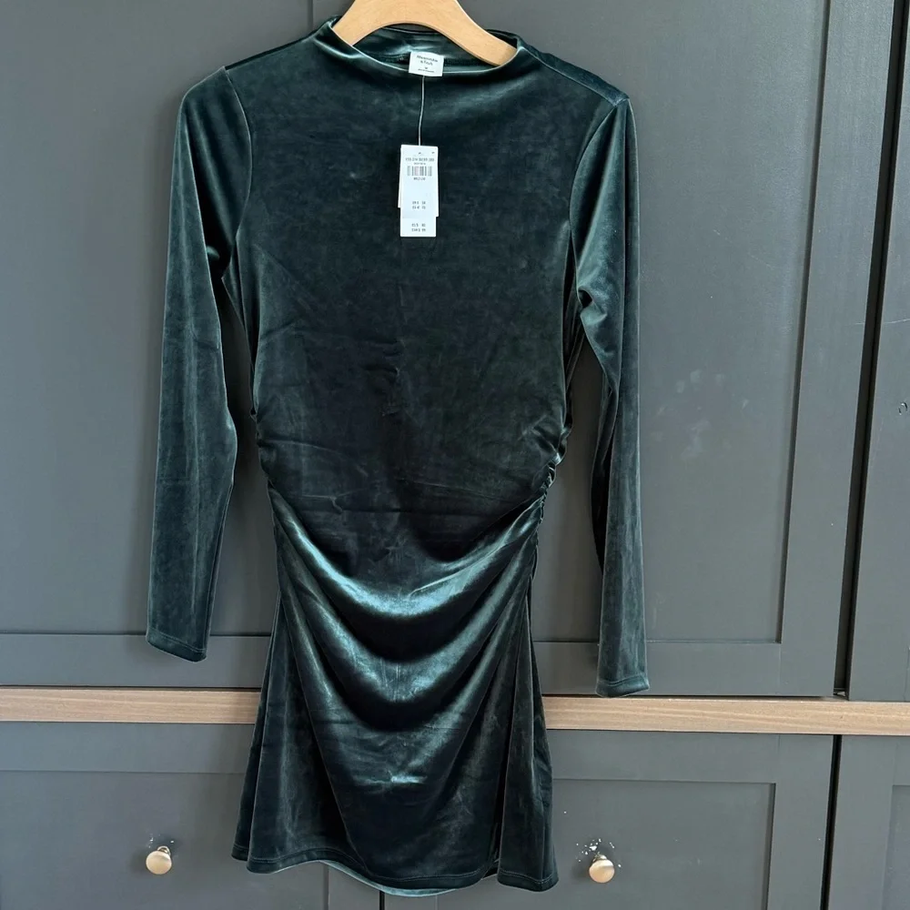 Abercrombie & Fitch Paloma Dark Green Long Sleeve Velvet Dress • M • NWT - Picture 3 of 8